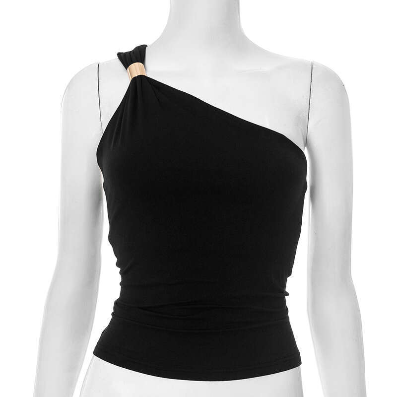 Y25tp2 Women's Summer New Solid Color Asymmetrical Neck Single Shoulder Metal Decorated Vest Top For Women B5