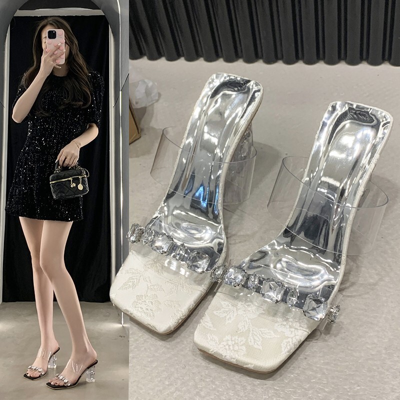 Ddmysports Transparent High Heels For Women Spring Summer New Trendy French Style Versatile Chunky Heel Crystal One Strap Sandals Outdoor Shoes