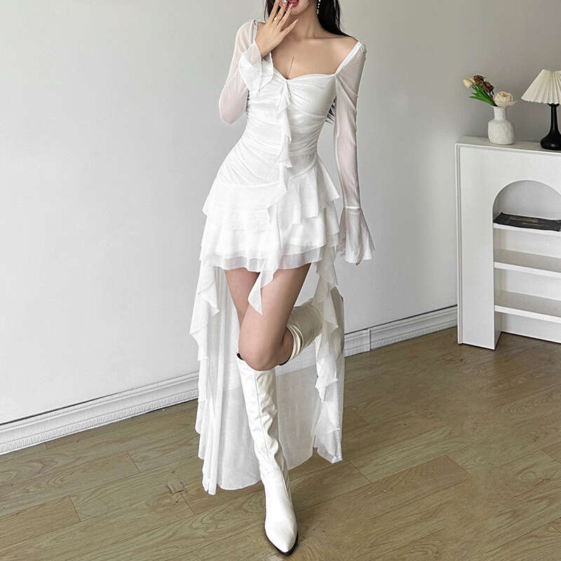 2024 Autumn New Women's Solid Color Slim High Waist Fashion Square Neck Long Sleeve Sheer Dress 06d