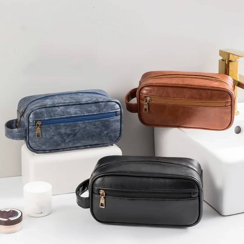 Men Vintage PU Leather Toiletry Travel Necessary Business Cosmetic Makeup Cases Male Hanging Double Layered Wash Bag