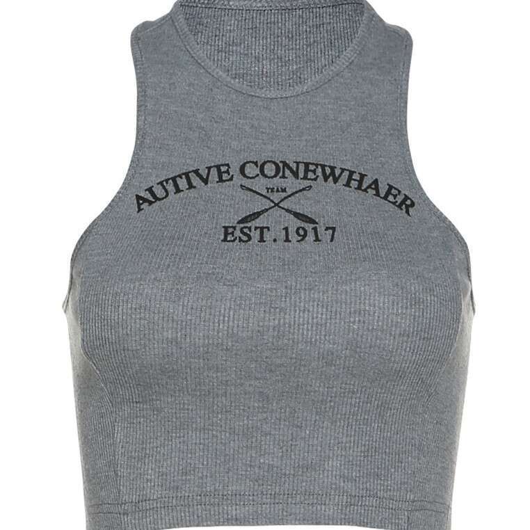 2022 Summer New Women's Solid Color Slim Fit Crop Top Fashion Round Neck Printed Sleeveless Vest for Women 48a