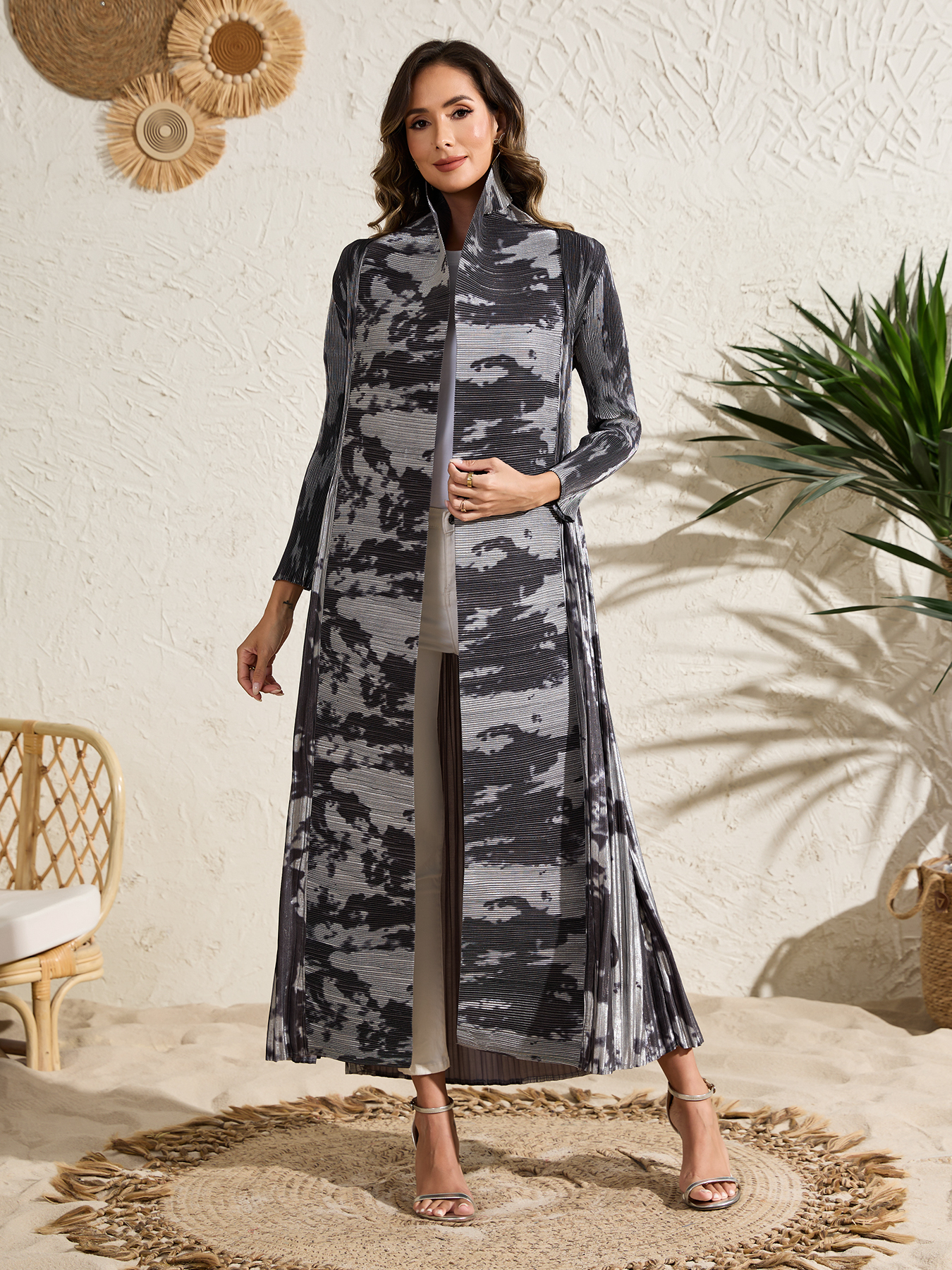 Long robe coat Ethnic Clothing The Middle Eastern printed pleated robe coat is elegant in Arab style NZ020