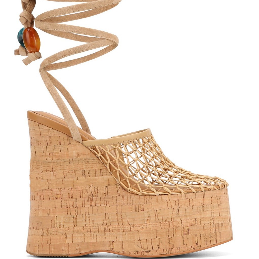 Women's 13cm Wood Grain Platform Fishnet Sandals - Adjustable T-Strap, Chunky Heel, Summer Festival Shoes (Nude/Black)