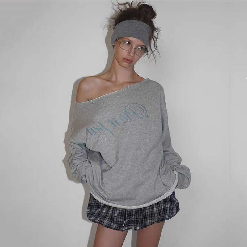 INS Style 2024 Autumn New Women's Solid Color Loose Street Fashion Asymmetrical Neck Long Sleeve Top 504