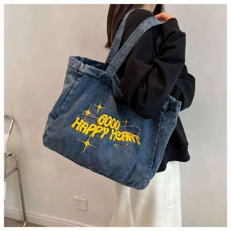 Large Capacity Cowboy Shoulder Student's Canvas Schoolbag Women's Shopping Bag Street Dressing
