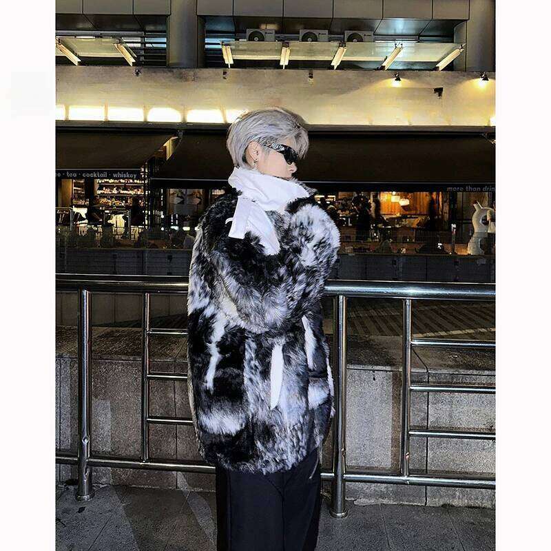 2025 Winter Ink Wash Blending Design Male Plush Men's Women's Short Cotton-Padded Clothes High Street Handsome Faux Fur