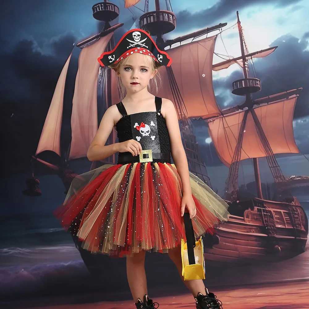 Disguised Child Pirate Fluffy Tulle Tutu Dress for Girls Children Halloween Cosplay Skeleton Ghost Captain Masquerade Costume Z250725