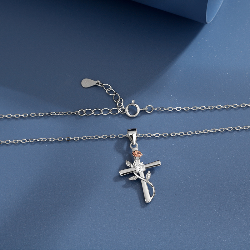 Sterling Sier Rose Flower Cross Necklace for Women Summer High-end Pendant Versatile Clavicle Chain Jewelry for Women