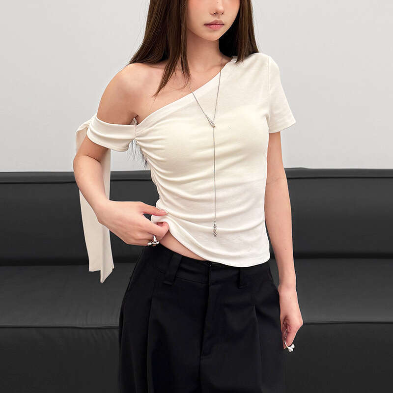 2025 Women's Summer New Solid Color Sexy Asymmetrical Neck Slim Fit Short Sleeve T-Shirt for Women ed2