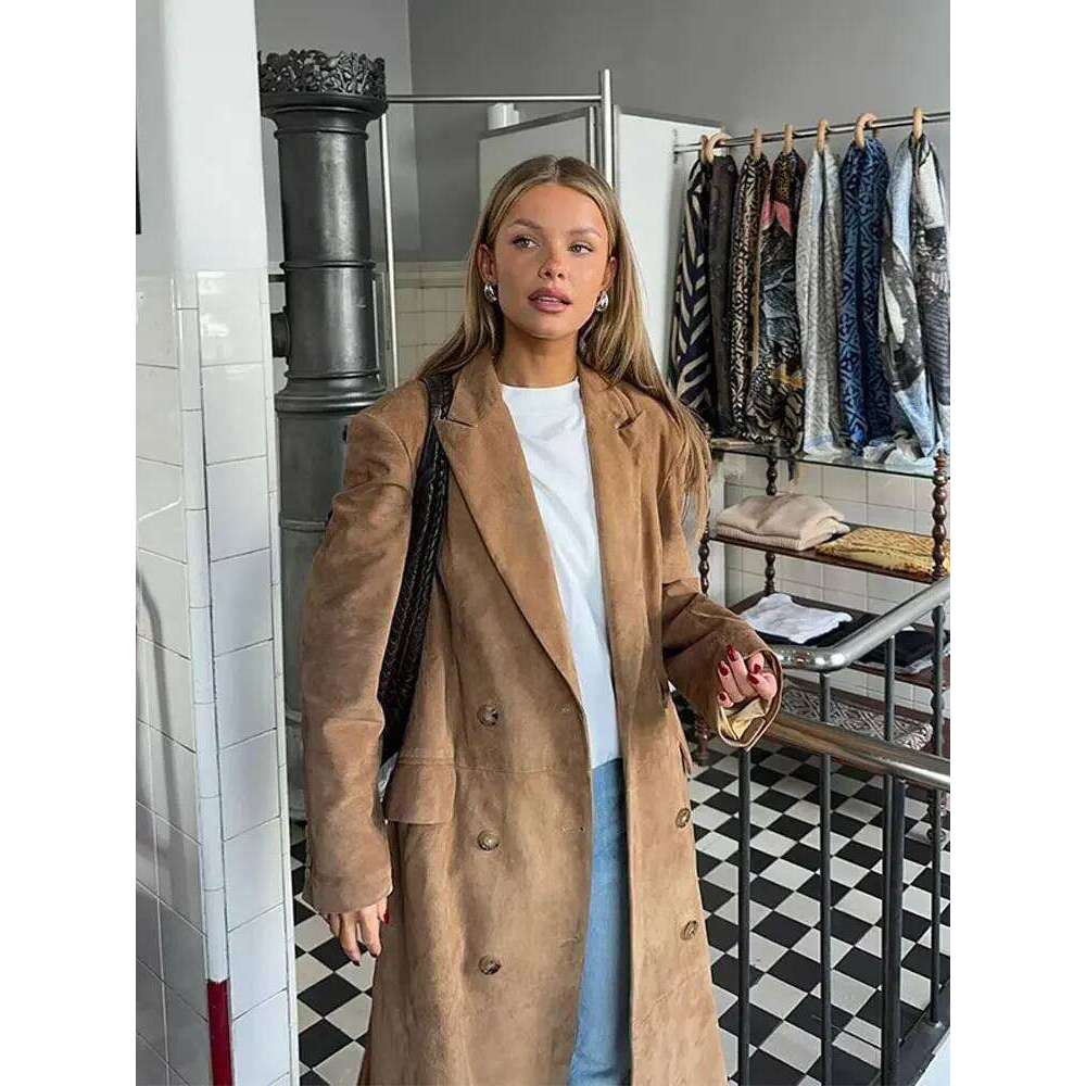Designer Clothing Woman Khaki Lapel Long Coats Fashion Double Breasted Full Sleeve Jacket With Pocket 2024 Autumn Lady Commute Windbreaket Fashion