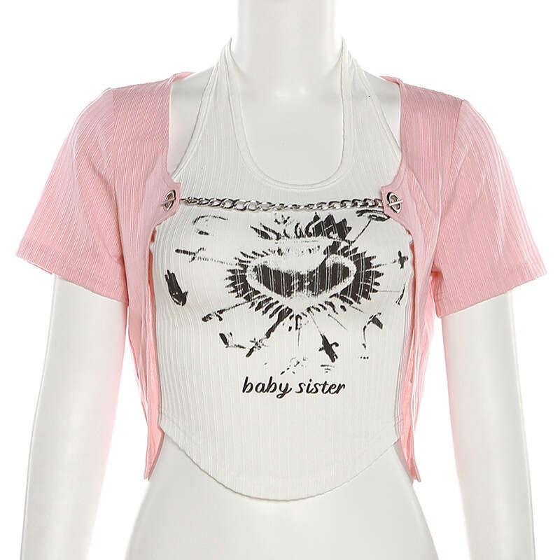 2023 Spring New Women's Slim Fit Printed Halter Neck Vest Fashion Short Sleeve Cardigan Two-Piece Set 5df