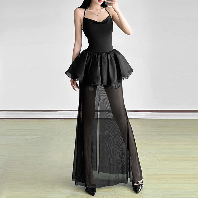 2025 Summer New Halter Neck Sleeveless Backless Slim Fit Extended Versatile Black Dress for Women 950