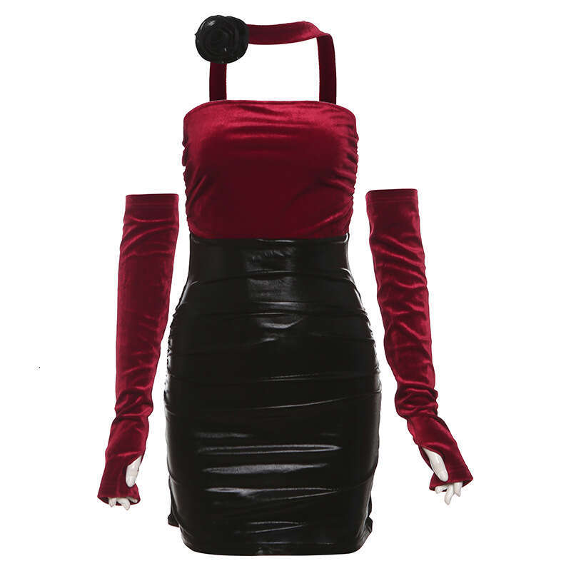 2023 Autumn Winter New Women's Solid Slim High Waist Fashion Halter Neck Color Block Patchwork Dress 3a8