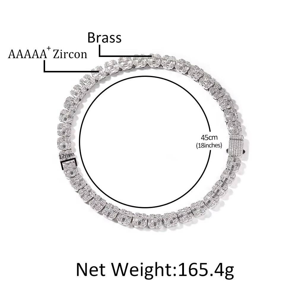 New 12mm Classic Square Design Tennis Chain Baguette Bling Ice Out Tennis Chain Micro Pave Cz Tennis Link Chain Necklace Jewelry