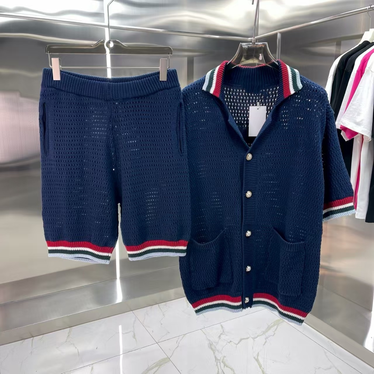 Sweater top short tshirt Spring and summer new color-blocked striped woven knitted short-sleeved set sweater men women loose button up shirt hawaiian ourwear Colored