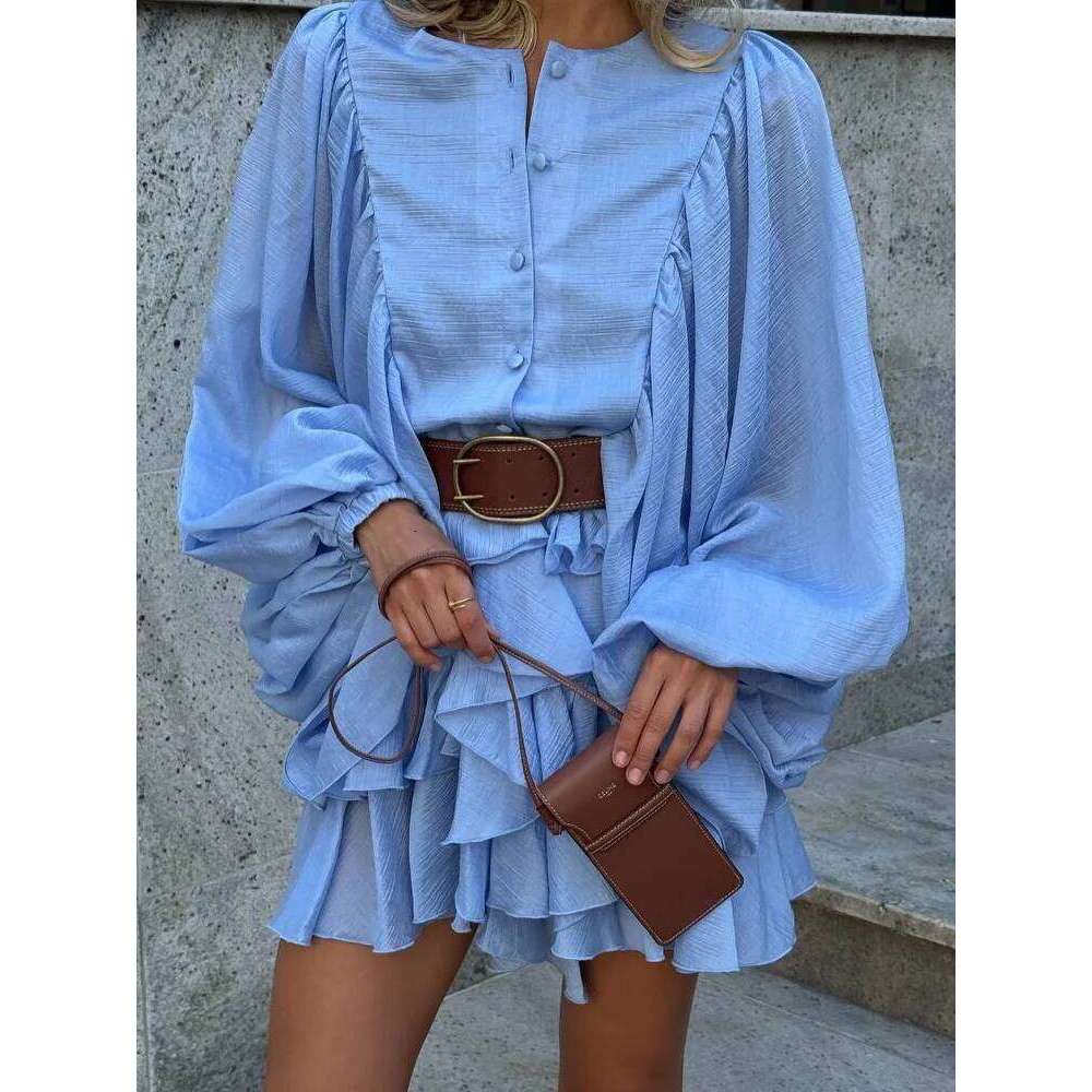 Designer Clothing 2025 Irregular Ruffled Edge Buttons Lantern Sleeve Dress Women Chic Pleated Chiffon O Neck Mini Gowns Lady High Street Vestidos 2025