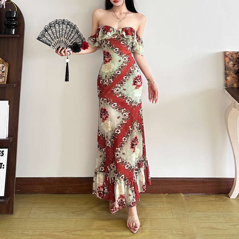 2025 Women's Spring Summer New Fashion Printed Slim Sexy Off-Shoulder Dress 2ac