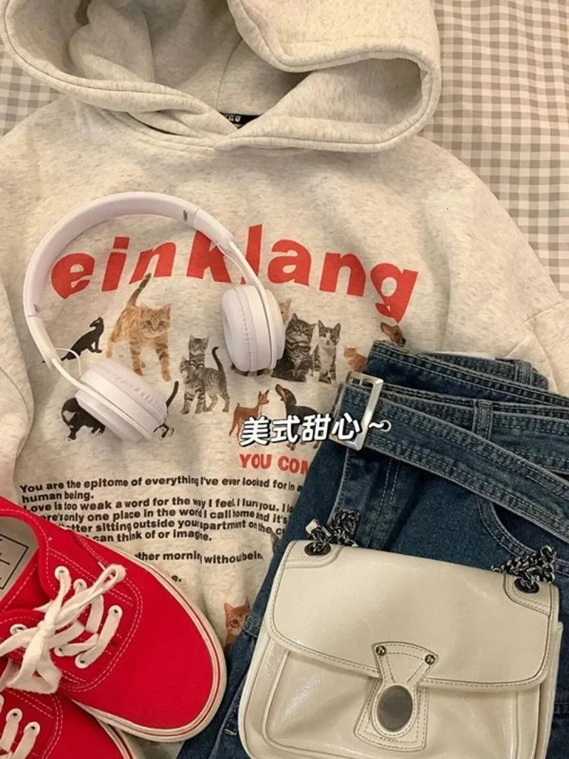 Womens cat and dog printed sportswear loose hoodie casual hooded top American street retro 250725