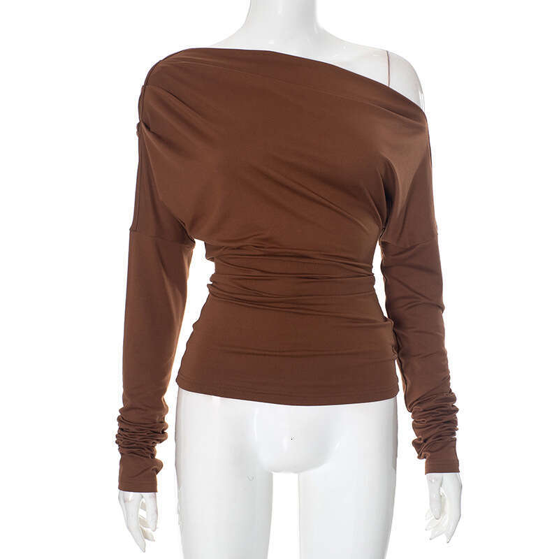 Ytp591 Autumn Winter Women's Sexy Asymmetrical Neck Off-Shoulder Ruched Waist Solid Color Short Top T-Shirt B5