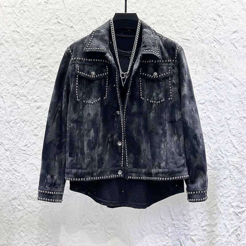 2025 Spring Trendy Rivet Tie-Dye Long Sleeve Pocket Decoration Jackets Men's Retro Tooling Short Style Denim Jacket Tops