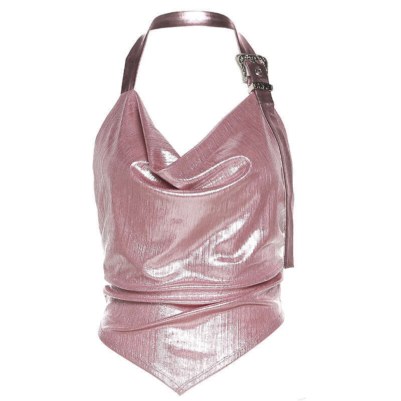 INS Style 2023 Spring Summer New Women's Fashion Slim Fit Halter Sexy Backless Reflective Tank Top 8c8