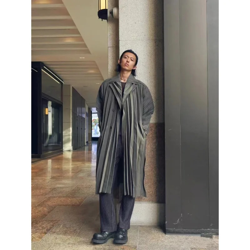 Miyake Pleated Mens Trench Coat Spring Summer Casual Fold Jacket Solid Personality Original Long Pleat Jacket 250714