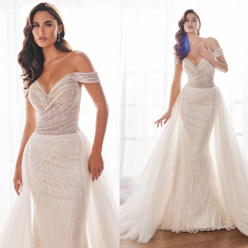 Simple Wedding Dresses Sequins V Neck Bridal Gowns with Overskirt Off Shoulder Illusion Backless Mermaid Customized Vestidos De Novia Plus Size