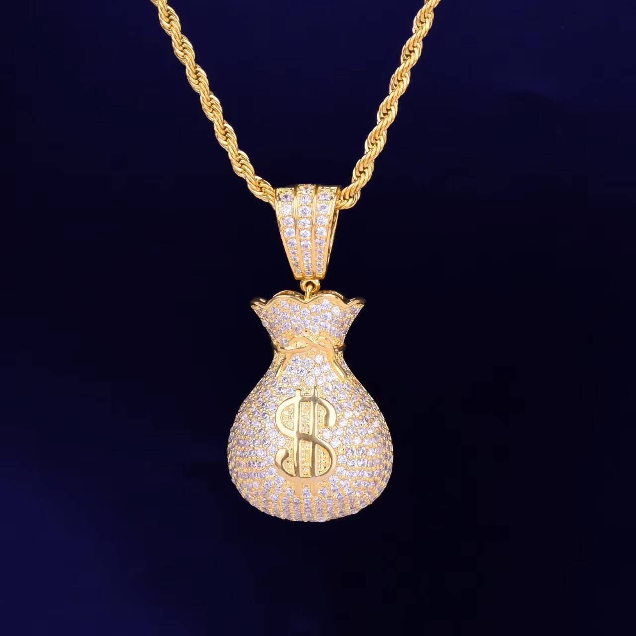Hip Hop Style Mens Womens 18K Gold Moissanite Pendant Necklace with Silver Dollar Sign Money Bag Jewelry Charms