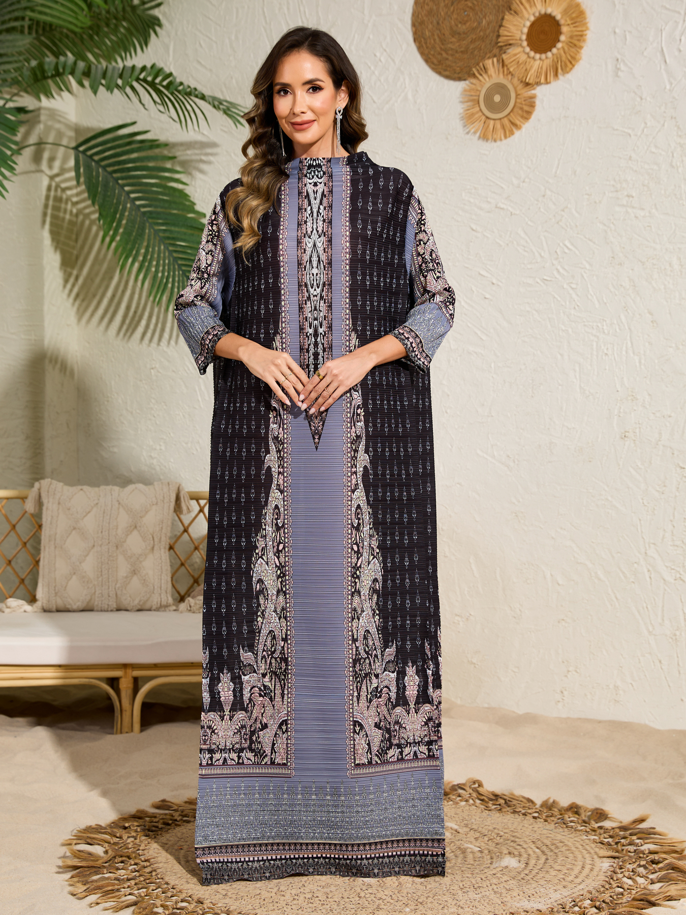 Dress Ethnic Clothing Ladies' elegant, loose and printed long-sleeved dress in Arab style NZ017
