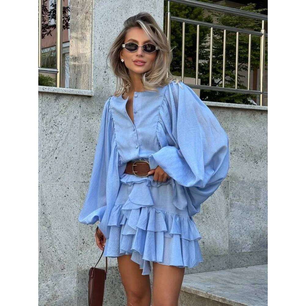 Designer Clothing 2025 Irregular Ruffled Edge Buttons Lantern Sleeve Dress Women Chic Pleated Chiffon O Neck Mini Gowns Lady High Street Vestidos 2025