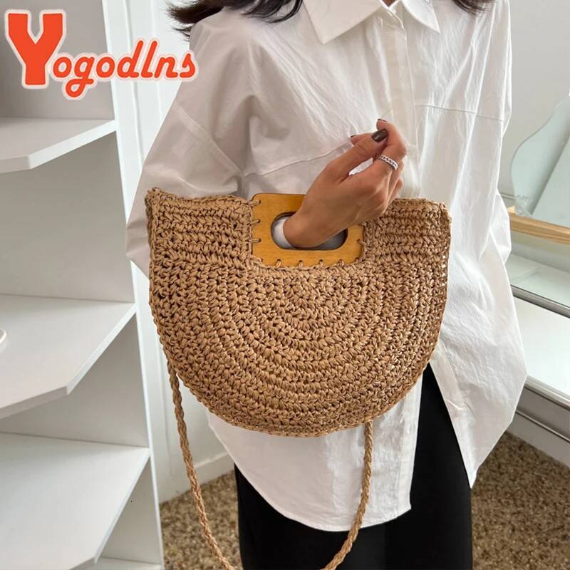 Minimalist Straw Bag for Women Summer Half-moon Beach Handbags Rattan Handmade Kintted Handle Bags Bolsas