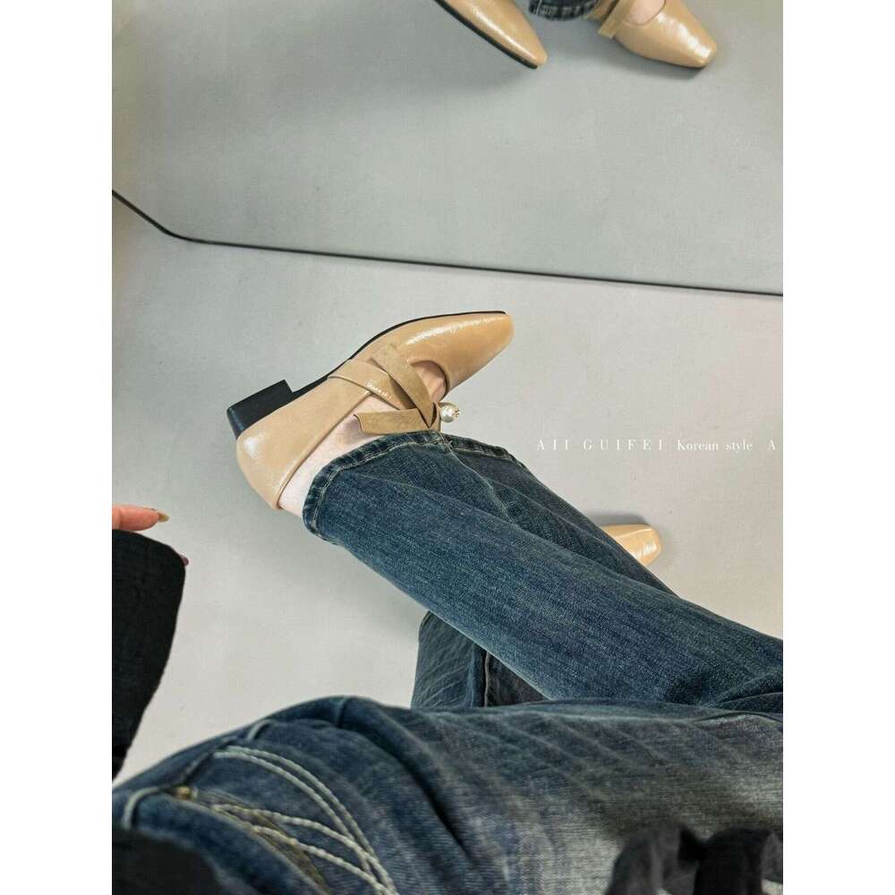 Square Toe Single Women, Chunky Heel, Comfortable French Style High Heels, Elegant Pearl Cross Strap Shoes for Women