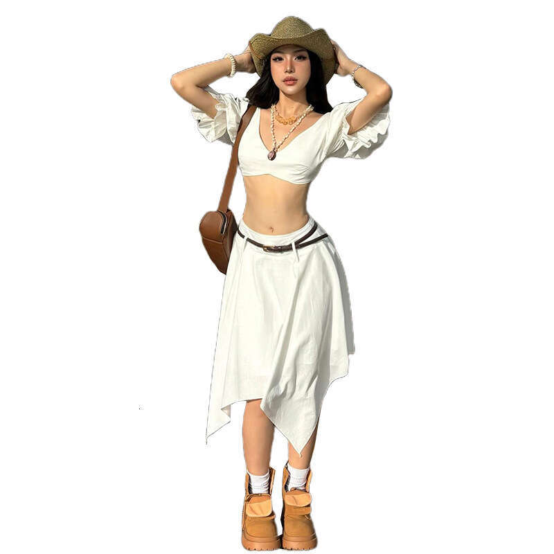 2025 Summer New Solid Color Deep V Crop Top Irregular Slim Fit Elegant Versatile Skirt eb1