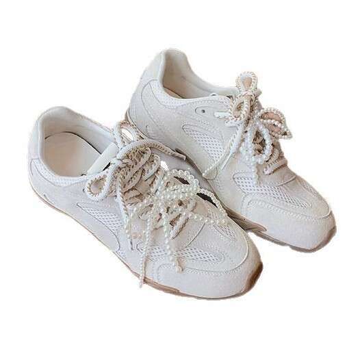 2025 Spring New Thick-Soled Sports Comfortable Soft Sole Breathable Dad Pearl Lace-Up Silver Casual Women's Shoes