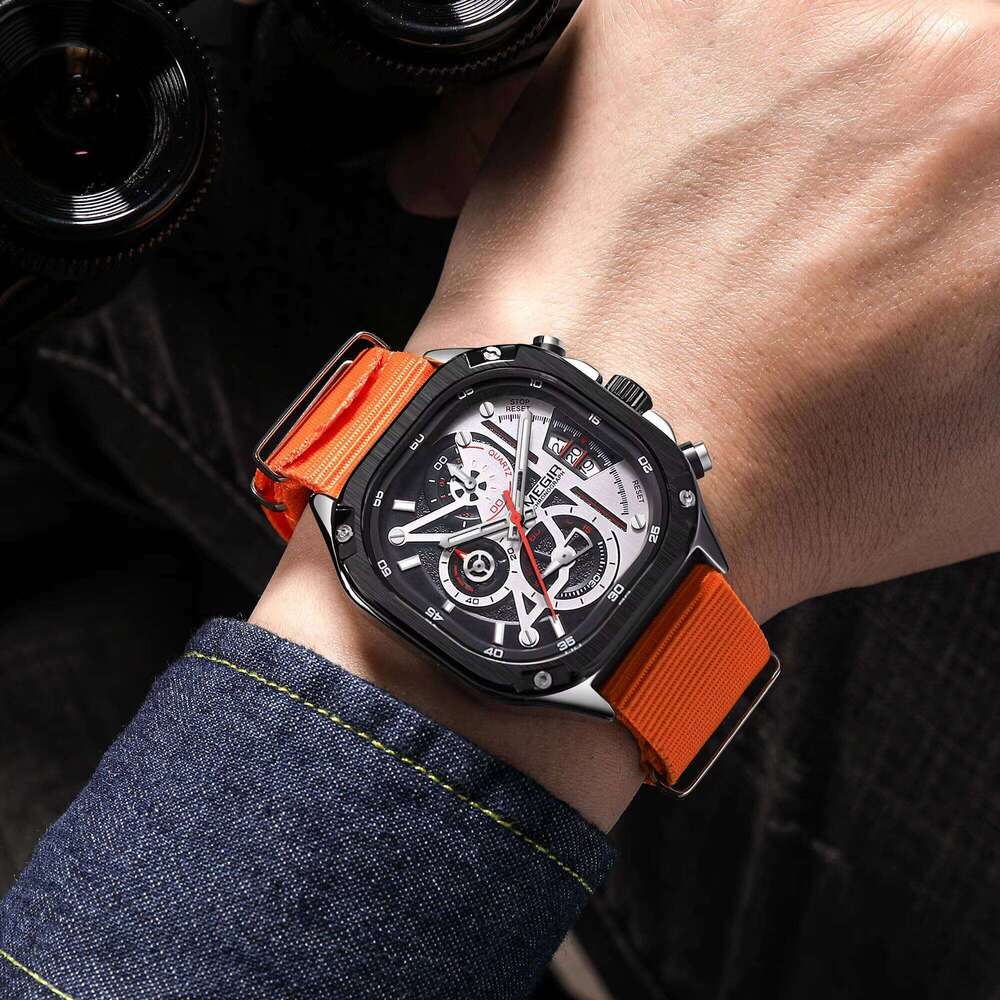 DHwatches MEGIR Men's Square Sports Watch - Chronograph, Luminous, 30M Waterproof, Nylon Strap, Fashion Wristwatch