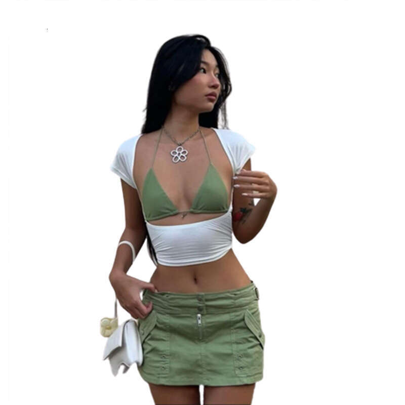 Ins Style 2023 Spring Summer New Women's Solid Color Slim Fit Fashion Round Neck Sexy Backless T-Shirt 171