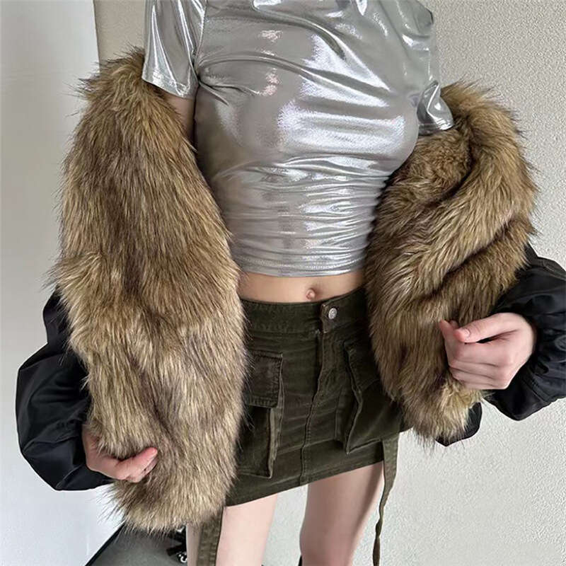 2023 Autumn New Women's Solid Color Loose Street Style Fashion Fur Collar Cardigan Long Sleeve Jacket for Women bd4