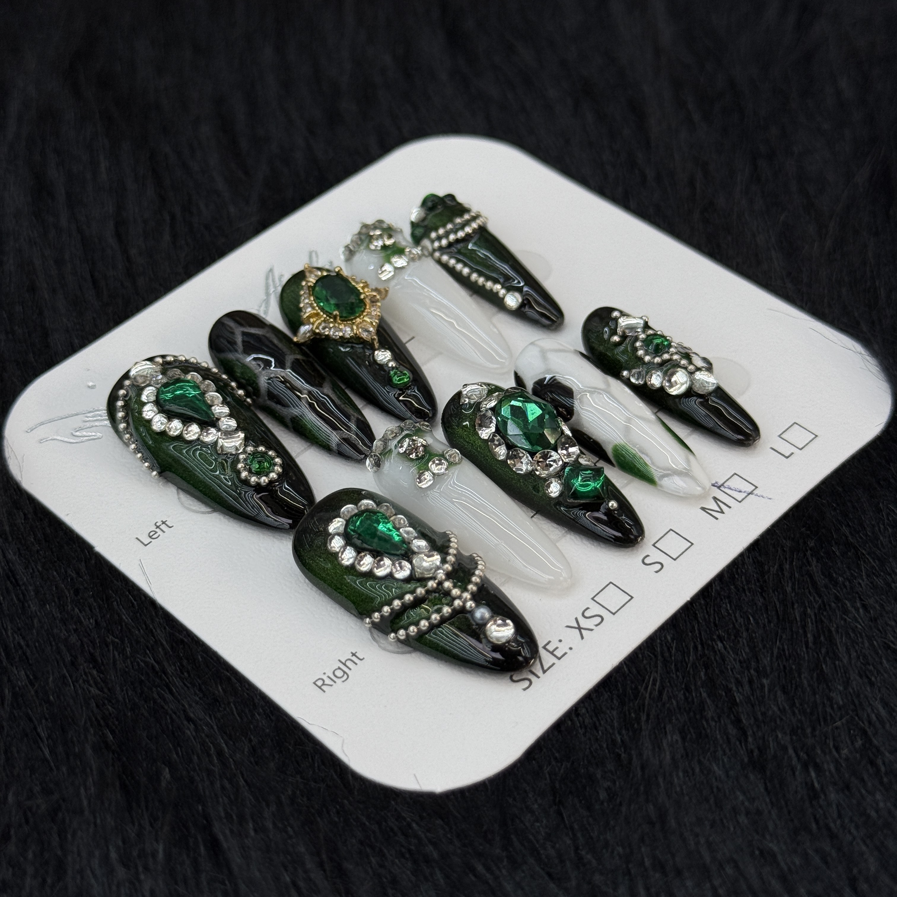 Gothic Emerald Gemstone Studded Stiletto Press - on Nails