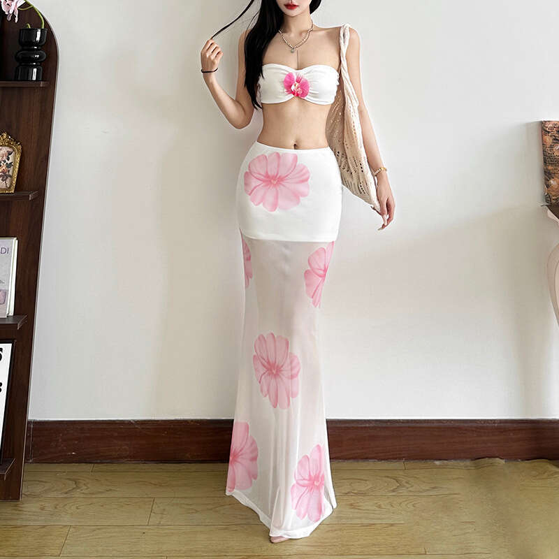 2025 Summer New Fashion Sexy Strapless High Waist Mesh Printed Skirt Set 3db