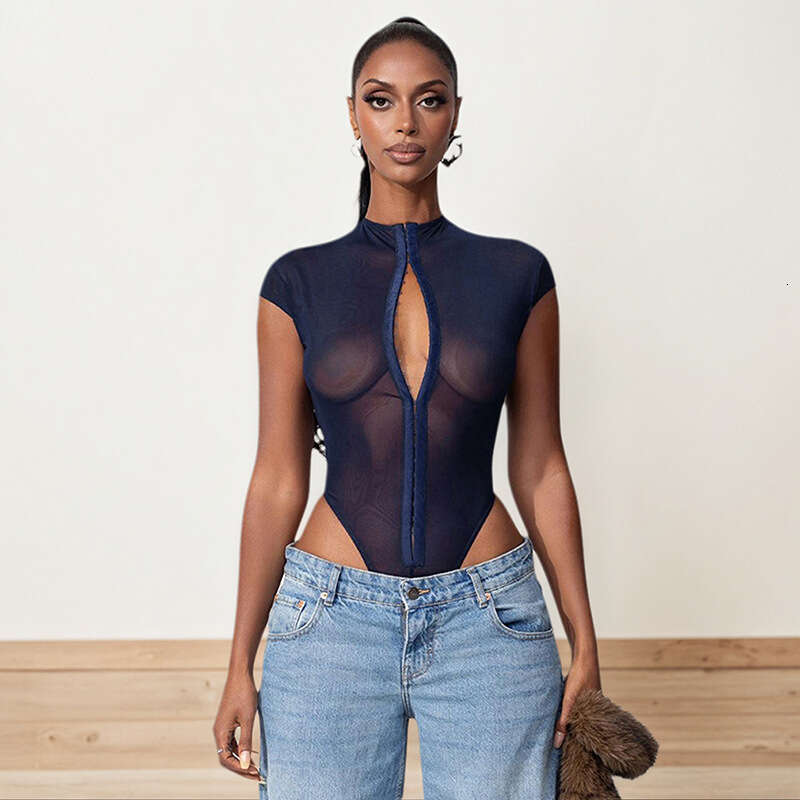 Ybs123 Women's Summer New Solid Color Hidden Button Sleeveless Mesh Sexy Jumpsuit B5