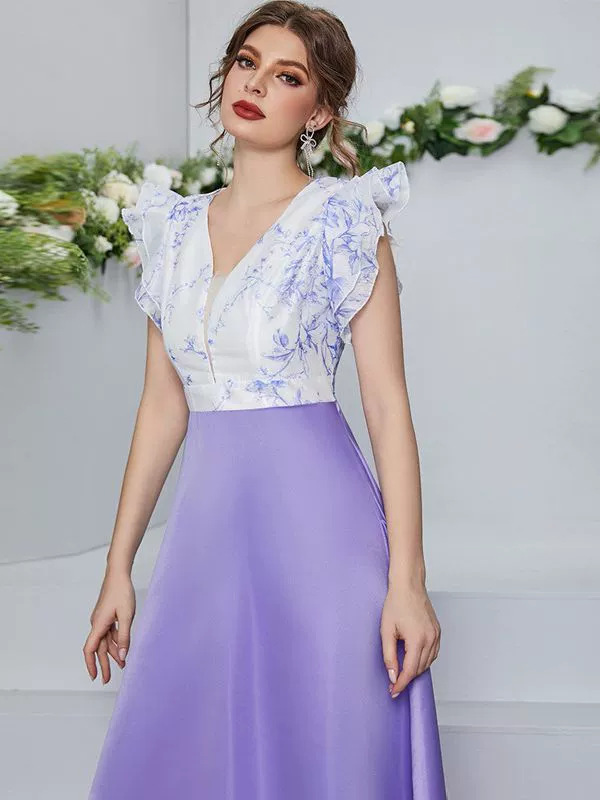 S724Women's Spring and Summer New Sexy V-neck Petal Sleeve Digital Printed Dress