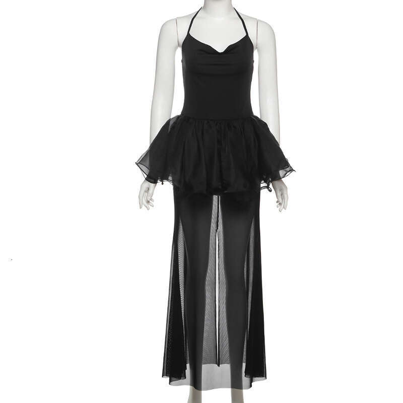 2025 Summer New Halter Neck Sleeveless Backless Slim Fit Extended Versatile Black Dress for Women 950