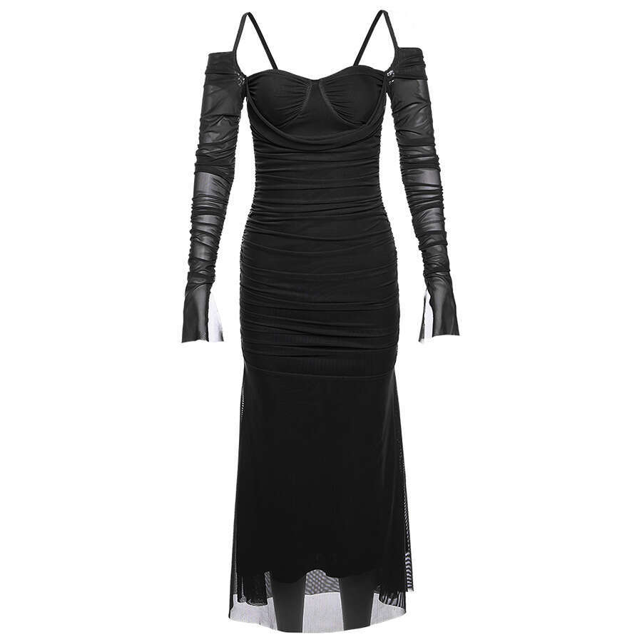 2023 Autumn Winter New Fashion Sexy Solid Color Sleeve Strap Long Dress eb3