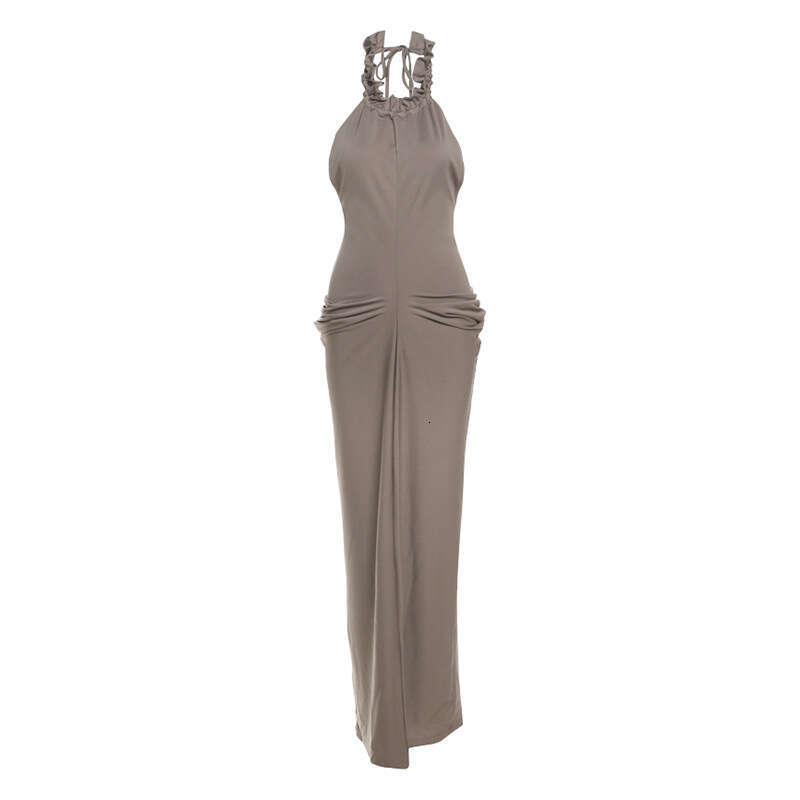 2025 Summer New Simple Solid Color Off-Shoulder Design Halter Bodycon Slim Fit Elegant Dress 6b6