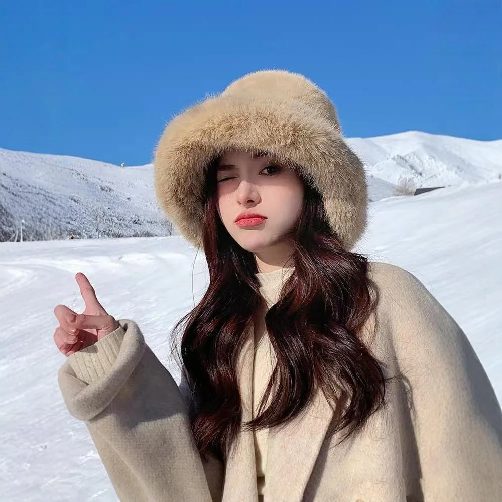 Warm Fluffy Fur Bucket Hat Cold Thicken Panama Cap Snowy Day Cover Head Cap Winter Hat Christmas Gifts 250724