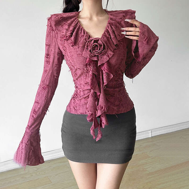 2024 Autumn New Women's Solid Color Street Fashion Long Sleeve V-Neck Slim Fit T-Shirt 84b