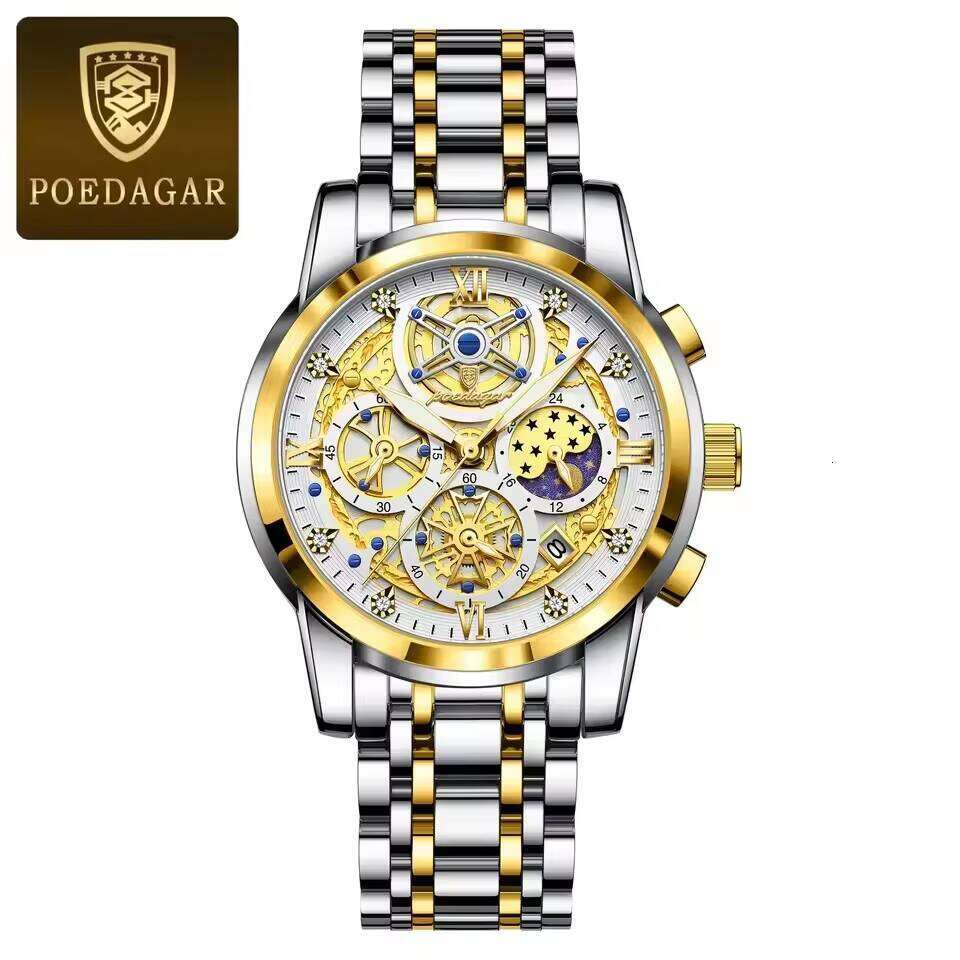 DHgargets POEDAGAR Watches Chronograph Date Stainless Steel Watch for Men Waterproof Luminous Quartz Men's Reloj