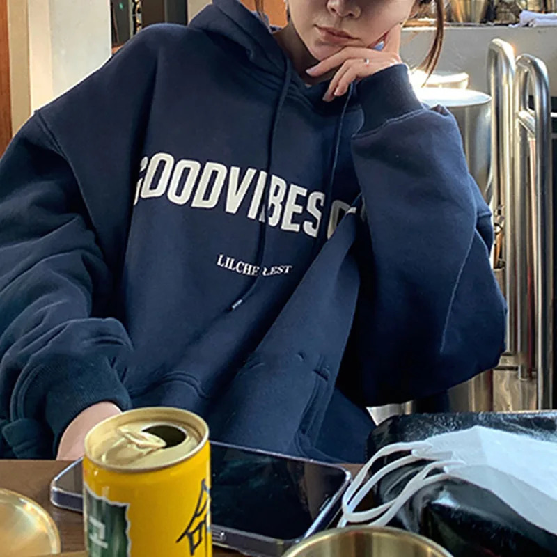 Autumn Fleece Hoodie Solid Color Letter Hooded Korean Fashion Sweatshirts Long Sleeve Top Drawstring Pockets Loose Hoodies 250725