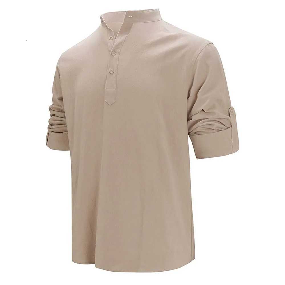 Spring Summer Mens Cotton Linen Polo Shirts Casual Long Sleeve Lightweight Henley Neck Solid Color Tops Hawaiian Beach Shirts XJ250725
