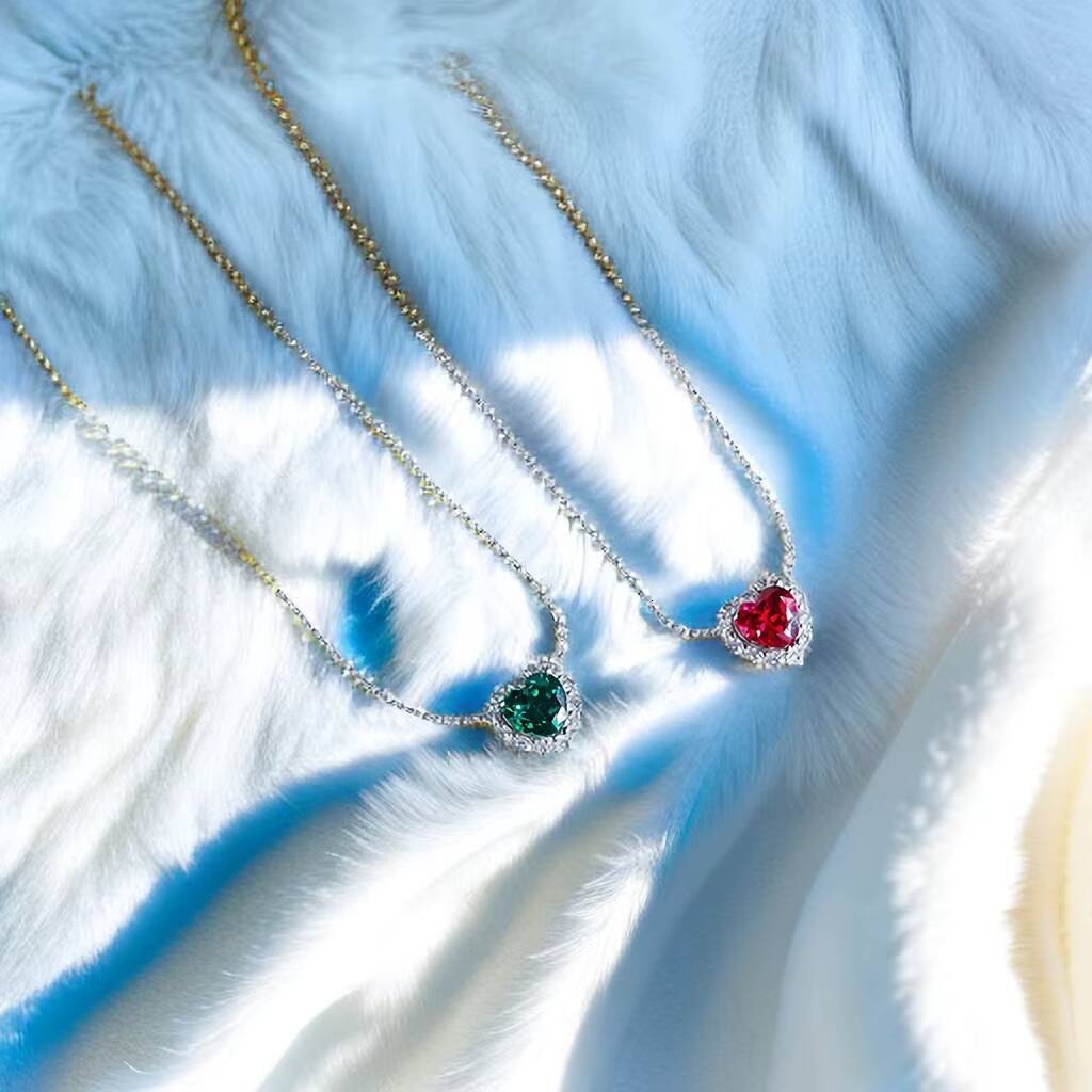 Luxury 925 Sterling Silver Ice Out Diamond Tennis Chain Shinny Zircon Big Ruby Emerald Heart Charm Wedding Necklace